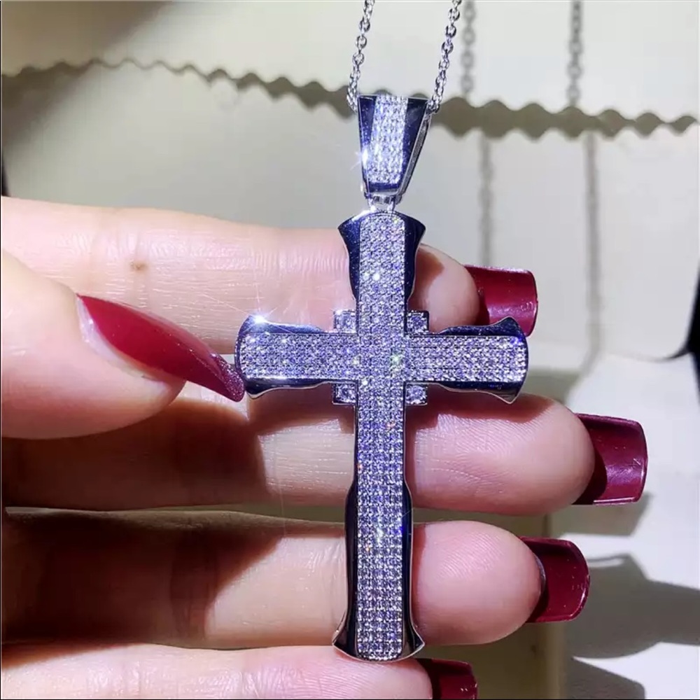 New Luxury 925 Silver Cross Men Women Diamond Necklace - Picture 8 of 16